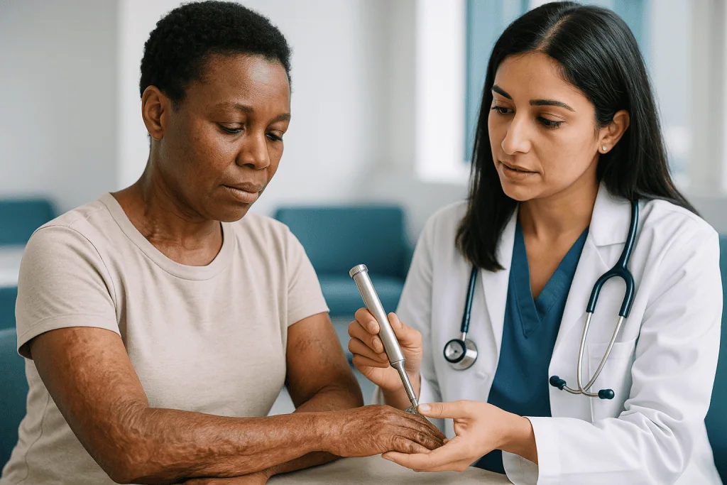 Doctor examining patient's arm or hand with pen: What type of surgery do burn victims get? The reconstruction toolkit