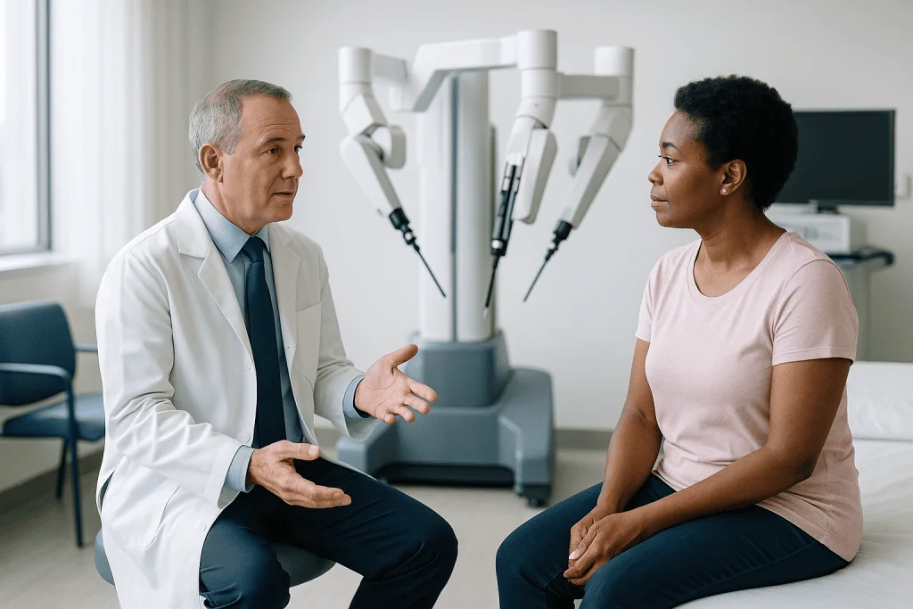 Doctor consulting with patient in medical office: What types of urology procedures are performed with robotic surgery?