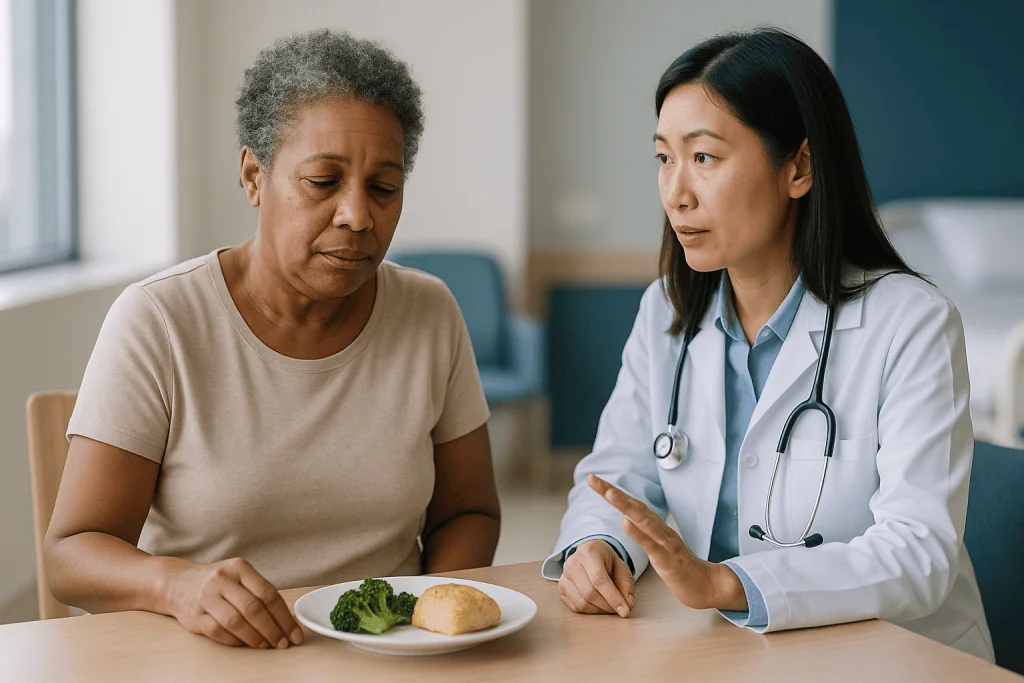 Doctor consulting patient about healthy diet with food: What uremia actually is, and how it differs from kidney failure