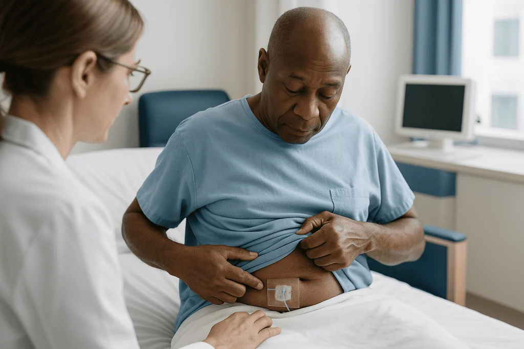 Doctor examining patient's abdomen in clinical setting: What ureteral stent symptoms are normal in the first days?