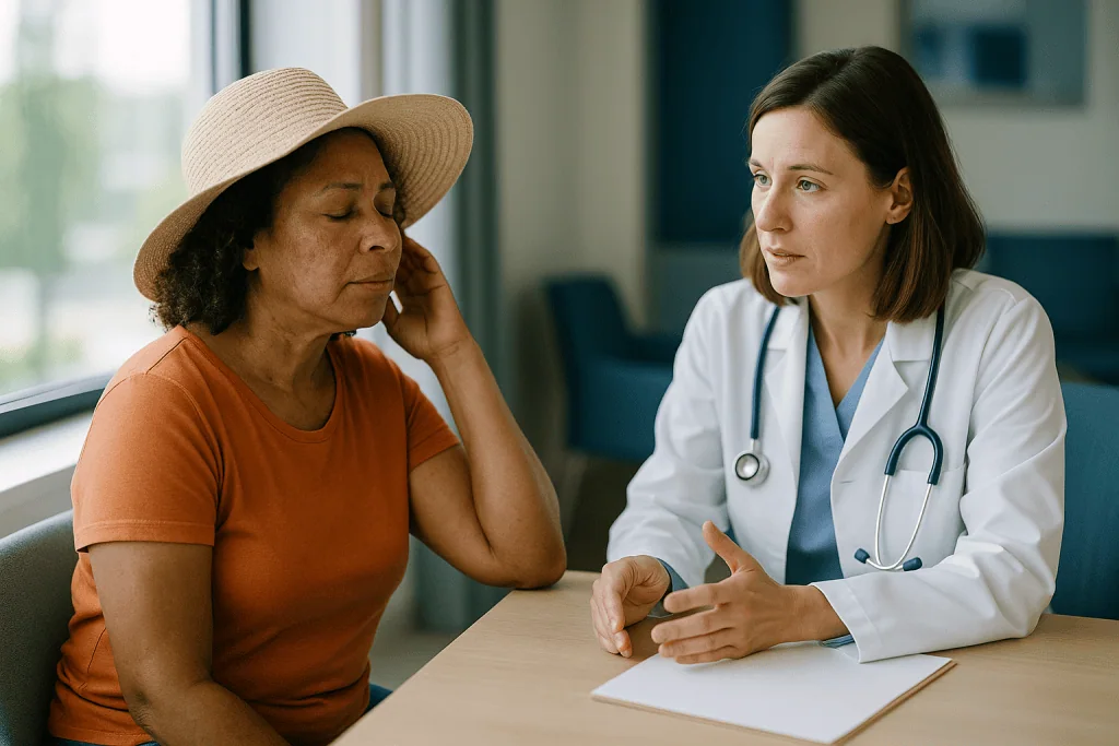 Doctor consulting patient about chronic condition management: What UV light does to lupus skin, and why glass and clouds don