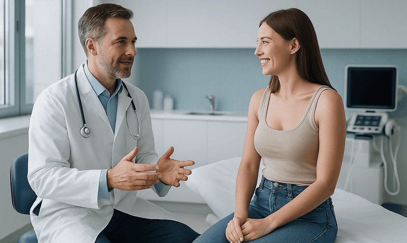 Doctor consulting with young woman in hospital room.