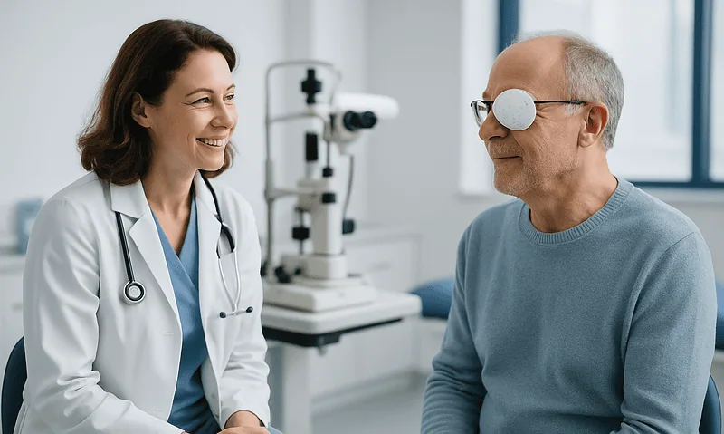 Ophthalmologist consulting with an elderly patient in a clinic.