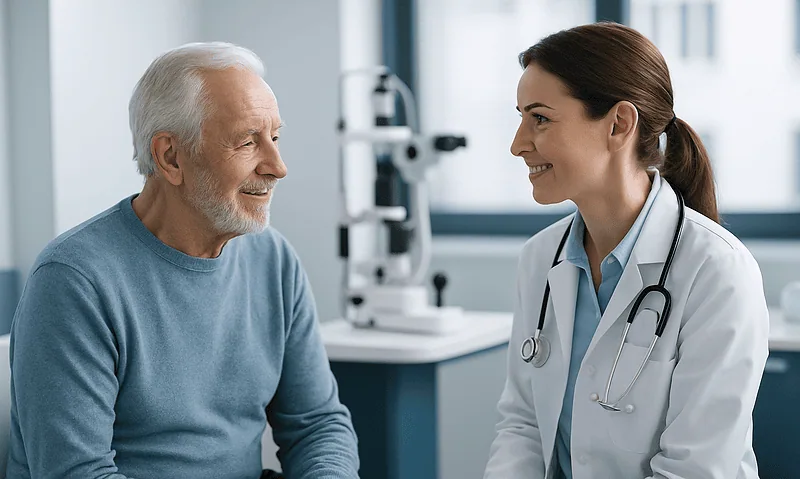 Optometrist consulting with elderly patient in a modern clinic.