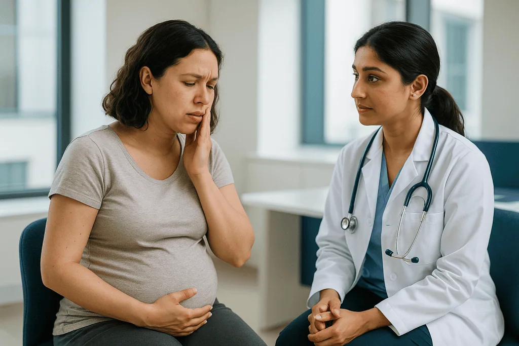 Pregnant woman consulting with female doctor in clinic: What week does pregnancy gingivitis start?