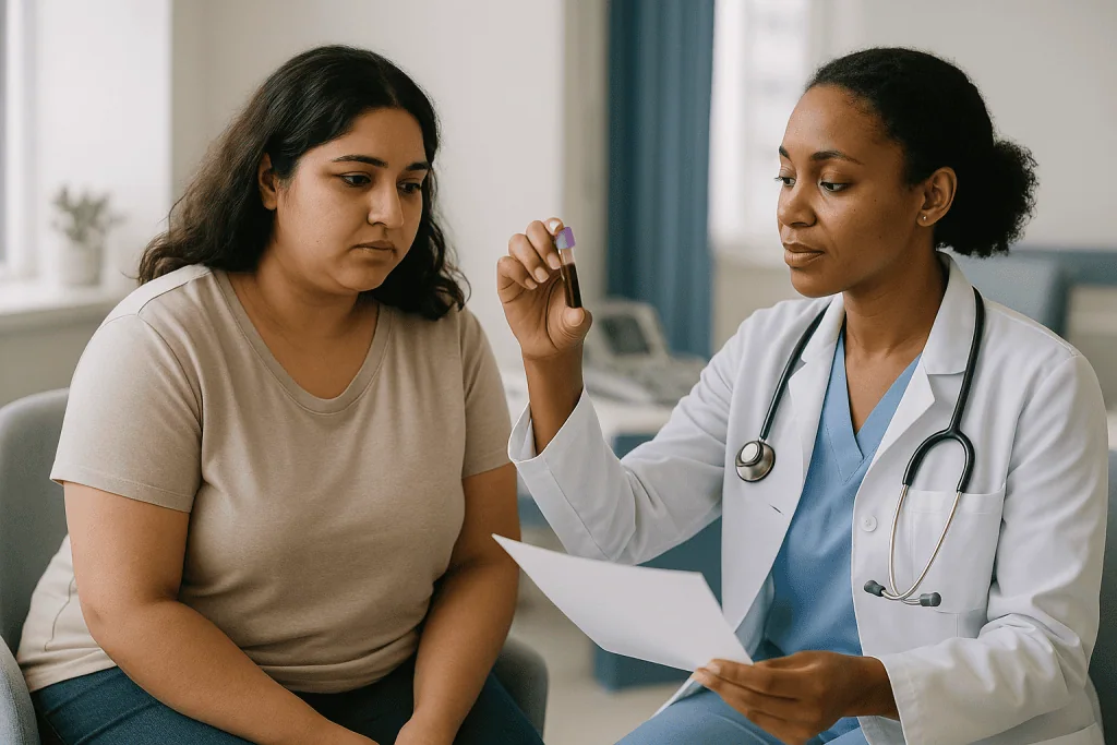 Doctor reviewing test results with patient in consultation: What will bloodwork show if you have PCOS? Reading pcos blood te