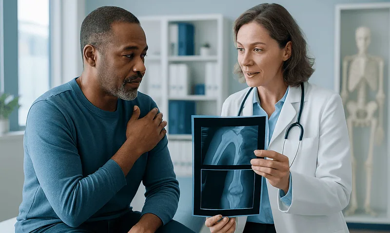Doctor explaining shoulder X-ray to patient after dislocation injury.