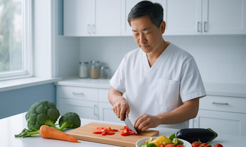 Man chopping red bell peppers in a modern kitchen with vegetables on the counter.