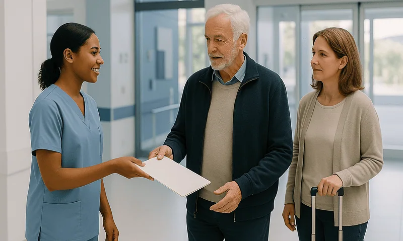 Healthcare professional discussing discharge summary with elderly patient and companion.