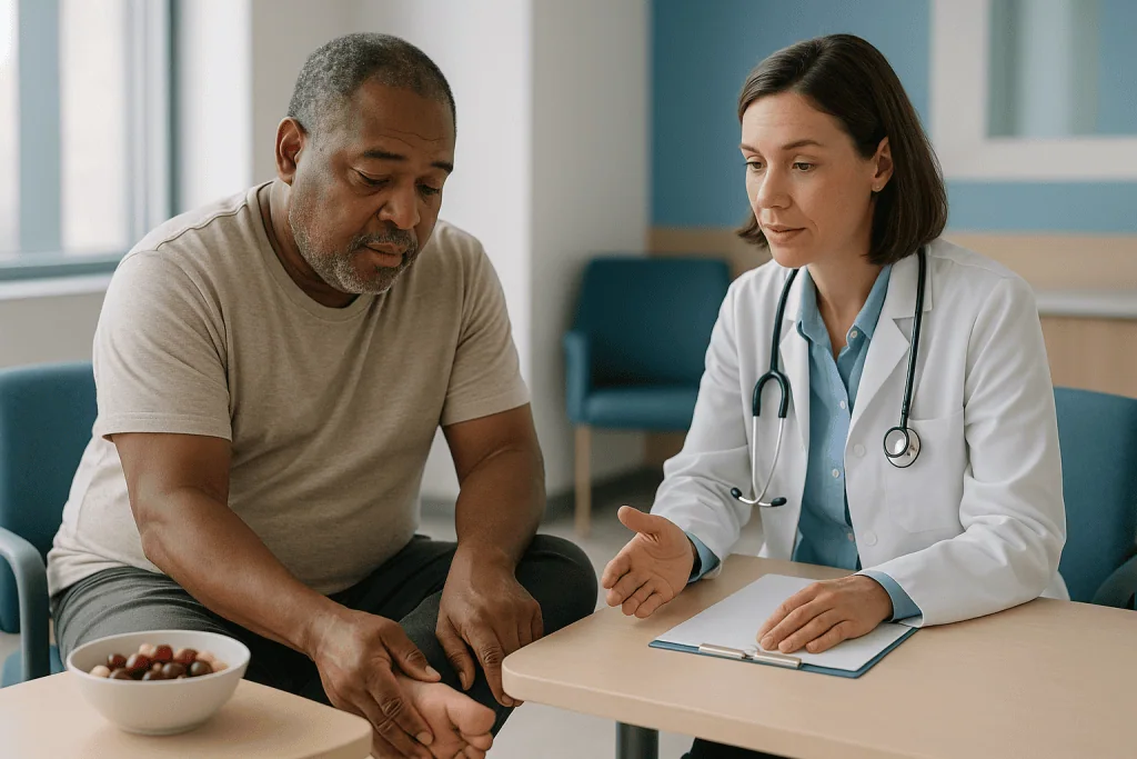 Doctor consulting male patient about joint pain condition: What your doctor reviews before changing the plan when gout attac