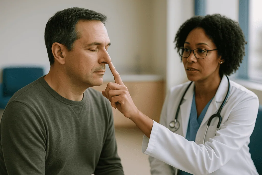 Doctor examining patient's face during consultation: What your nose does that your mouth cannot