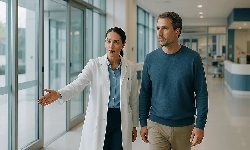 Doctor explaining treatment options to a patient in a modern hospital corridor.