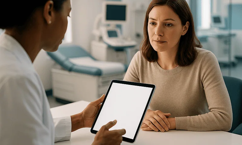 Doctor consulting with patient in a modern hospital setting.