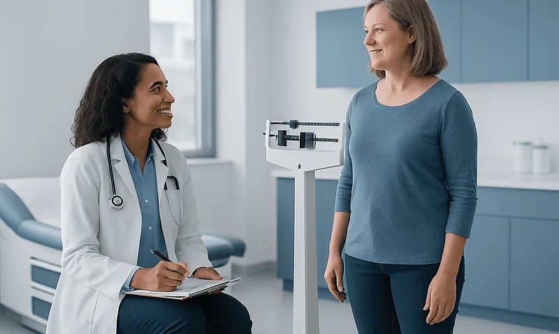 Doctor consulting with a patient in a modern medical clinic.