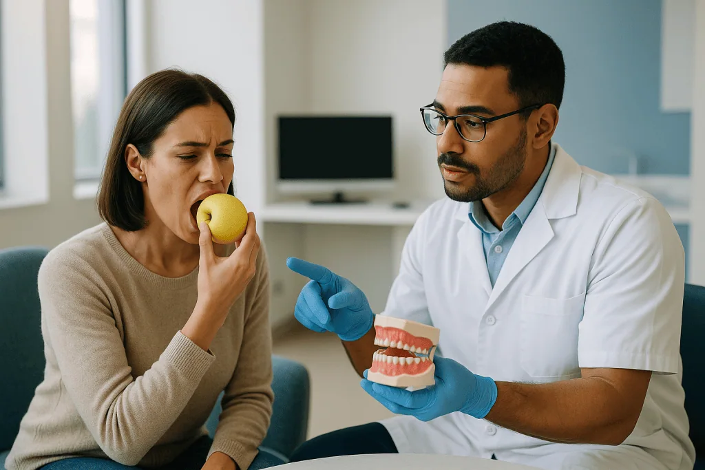 Dentist consulting patient about dental health using model: When a bite adjustment after filling helps, and what the appoint