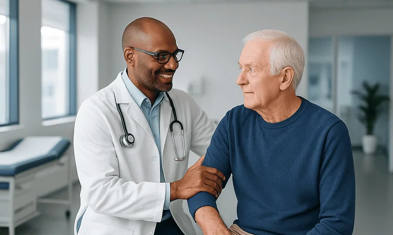 Doctor consulting with elderly patient in hospital setting.