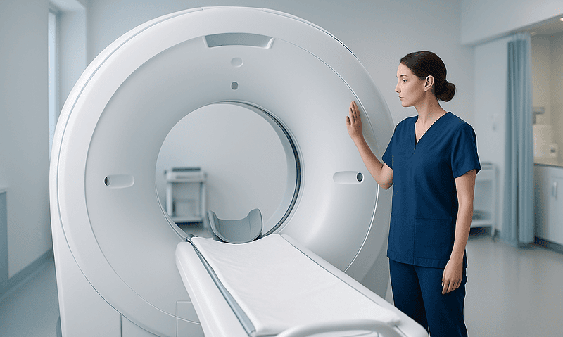 Medical professional prepares for a CT scan in a modern hospital setting.