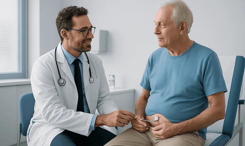 Doctor consulting with elderly patient in a medical office.