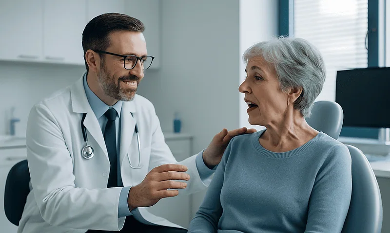Dentist consulting with an elderly female patient in a modern clinic.