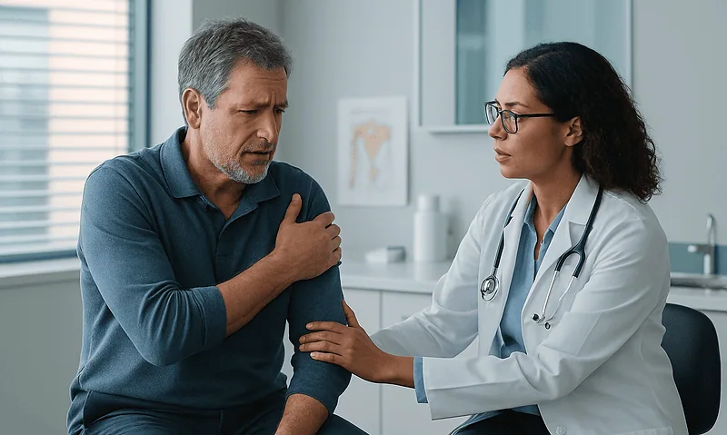 Doctor examining a patient's shoulder for rotator cuff injury signs.