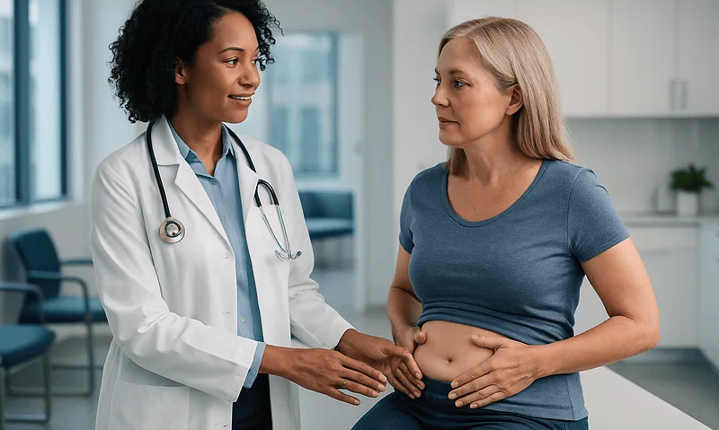 Doctor consulting with a woman about tummy tuck revision options.