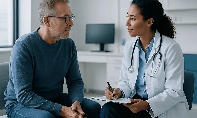 Urologist consulting with a male patient in a medical office.