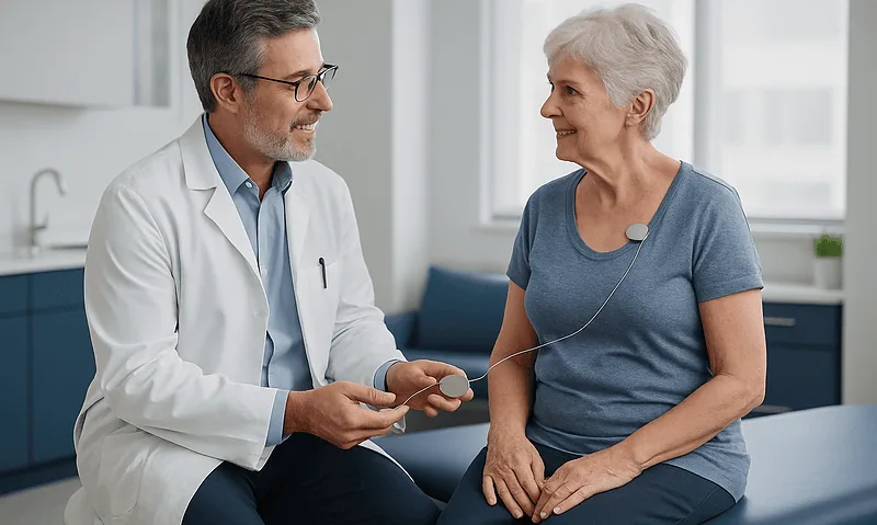 Doctor consulting with elderly woman patient in hospital room.