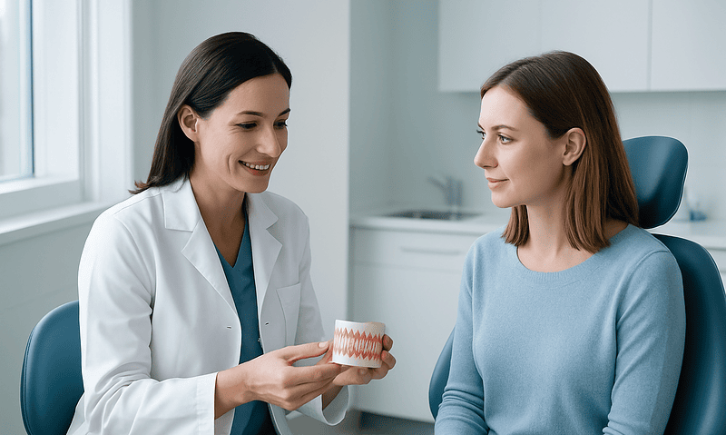 Dentist explaining dental health to a patient in a clinic setting.