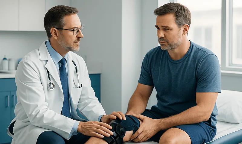 Doctor examining patient's knee for ACL injury assessment.