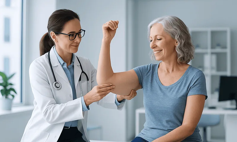 Doctor examining elderly woman's arm in a medical consultation room.