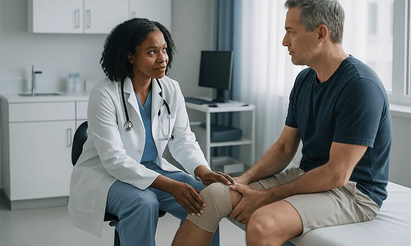 Doctor examining patient's knee in a medical consultation room.