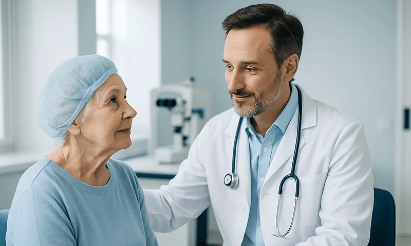 Ophthalmologist consulting elderly patient in clinic setting.