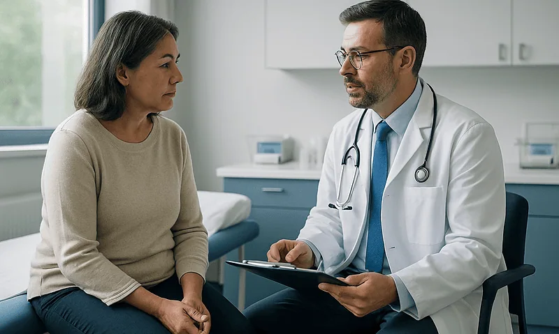 Doctor consulting with a patient in a medical office setting.