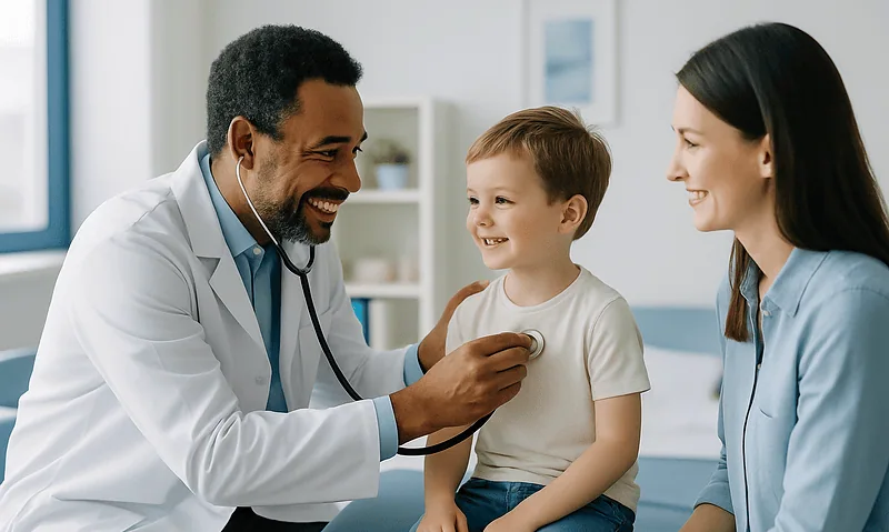 Pediatric ENT consultation at Acibadem Hospital with doctor and mother.