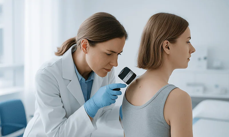 Dermatologist examining patient's skin with a dermatoscope at a clinic.
