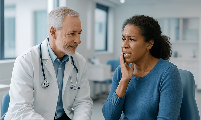 Dentist consulting with a woman about gum health concerns in a modern clinic.