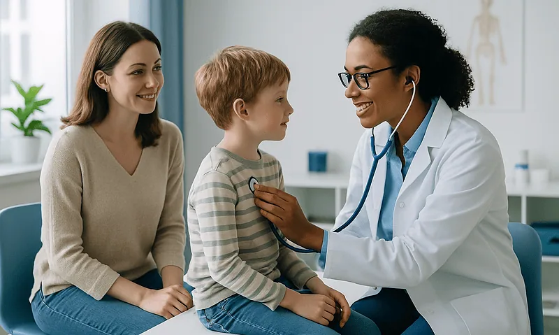 Pediatrician examining a young boy with a stethoscope in a clinic.