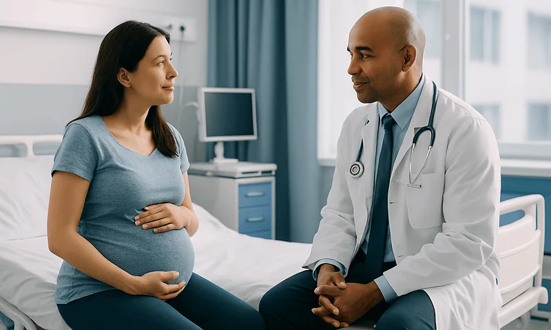 Pregnant woman consulting with doctor in hospital room.