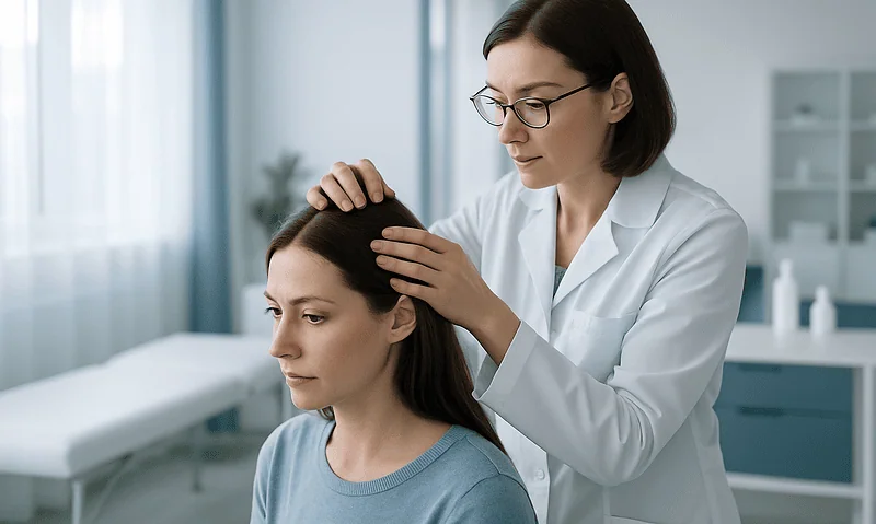Doctor examining patient's scalp in a clinical setting.