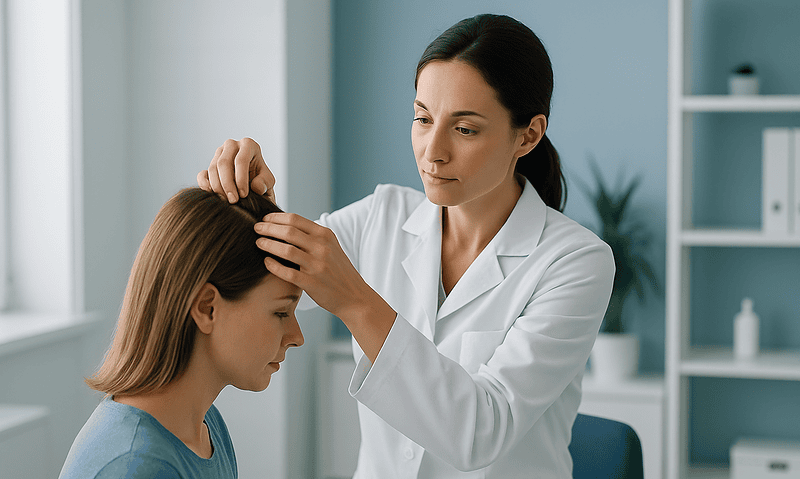 Doctor examining a woman's scalp in a medical clinic setting.