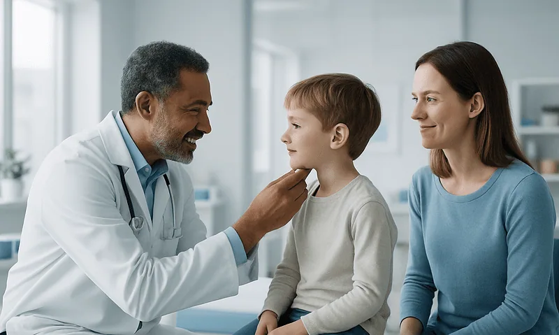 Pediatric ENT consultation at Acibadem Hospital with doctor and young patient.