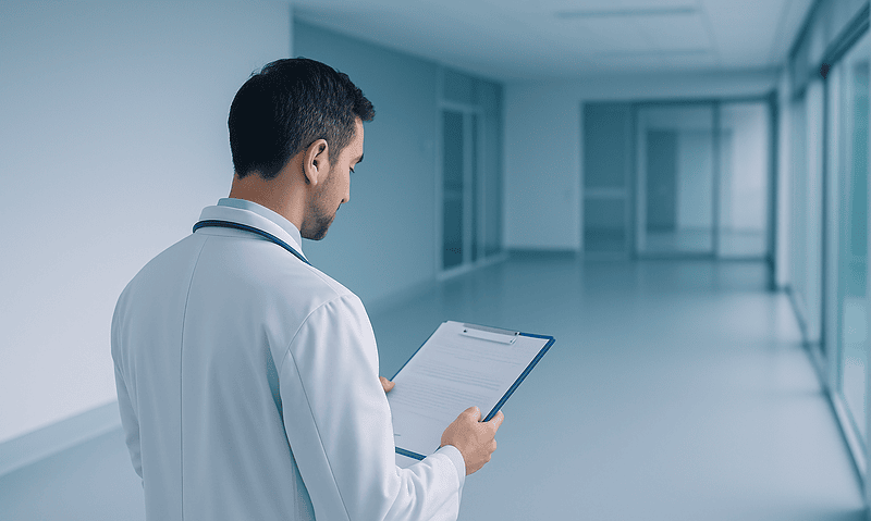 Doctor reviewing patient notes in a modern hospital corridor.