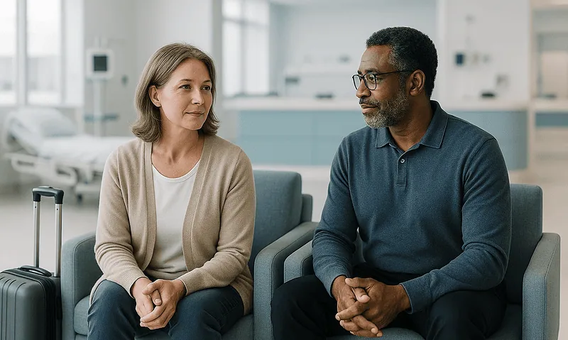 Patient consulting with doctor in hospital waiting area.