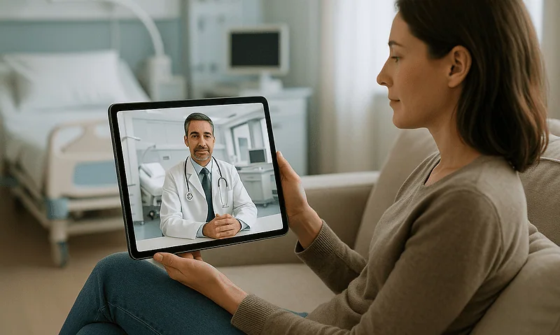Woman in hospital room video calling doctor for post-treatment advice.