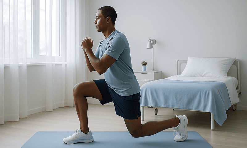 Man performing lunges for exercise in a bright bedroom.