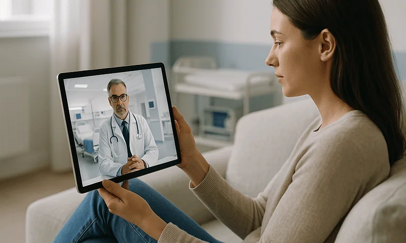 Woman consulting with doctor via tablet in a hospital setting.