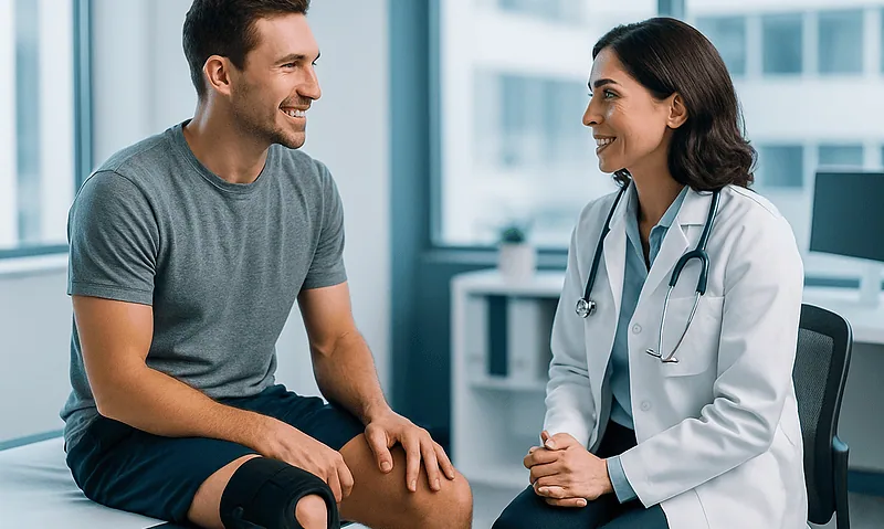 Doctor consulting with patient after ACL surgery in a modern clinic.
