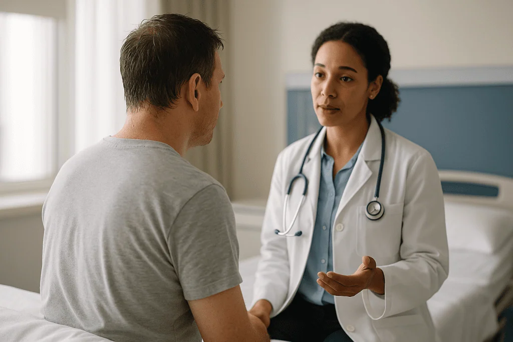 Doctor consulting with patient in clinical setting — When can you shower or bathe after appendix surgery?