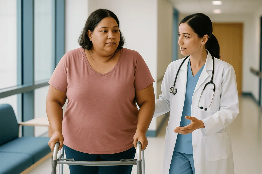 Doctor consulting with patient in hospital corridor — When can you walk after gastric sleeve surgery?