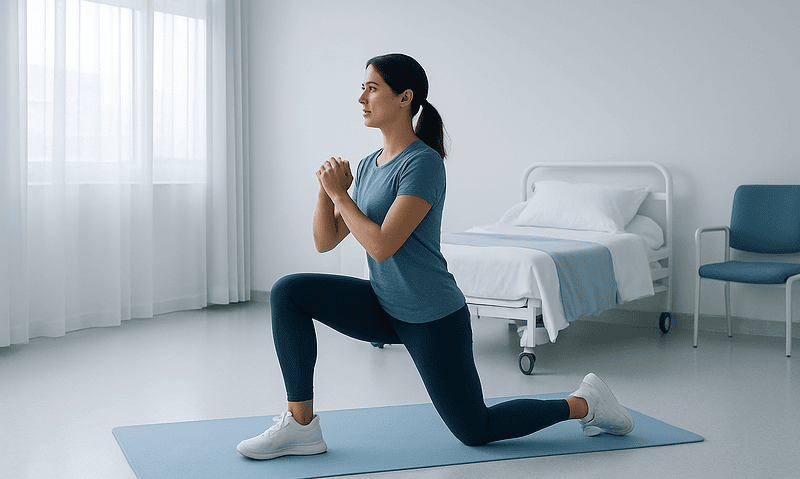 Woman doing lunges in a hospital room after gastric surgery.